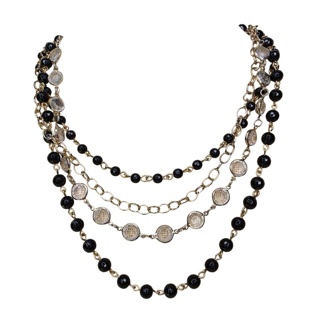 Vintage Necklace Ann Taylor Clear Black Bead on Silver Tone Multi Chain 24"
